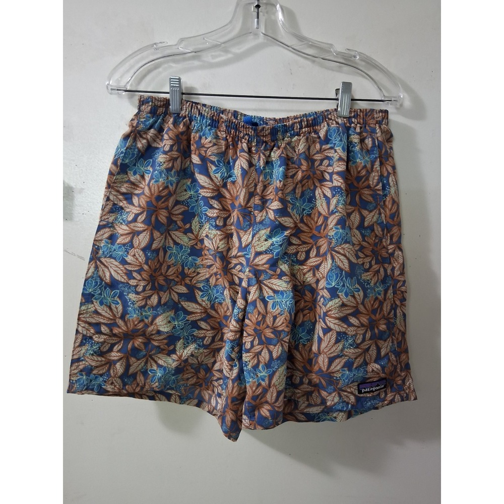 Patagonia Baggies Shorts Mens Medium Blue Tan Leaf Print Mesh Lined 5 Inch 57021